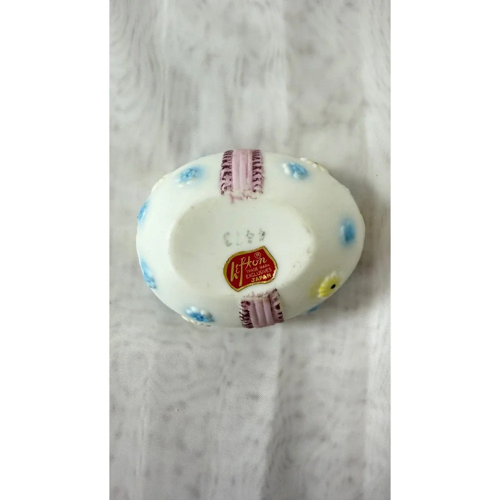Vintage Lefton Japan Porcelain Egg Trinket Box Pink Ribbon Floral 4473 Matte